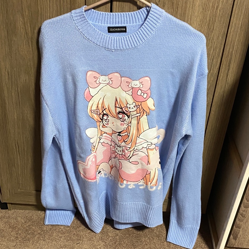 Blue Anime Graphic Crewneck Sweater